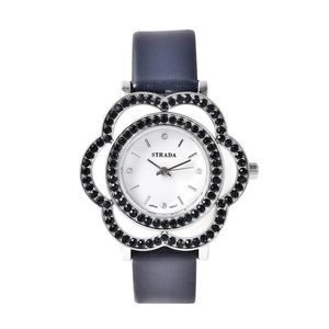 STRADA Diamond Crystal Enameled Watch with Blue Faux Leather Strap